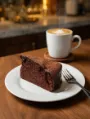 Fatia de bolo de chocolate servida com café cremoso no Caffè Della Famiglia cafeteria em Palhoça SC