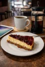 Cheesecake com frutas vermelhas servido com café especial na prensa francesa no Caffè Della Famiglia
